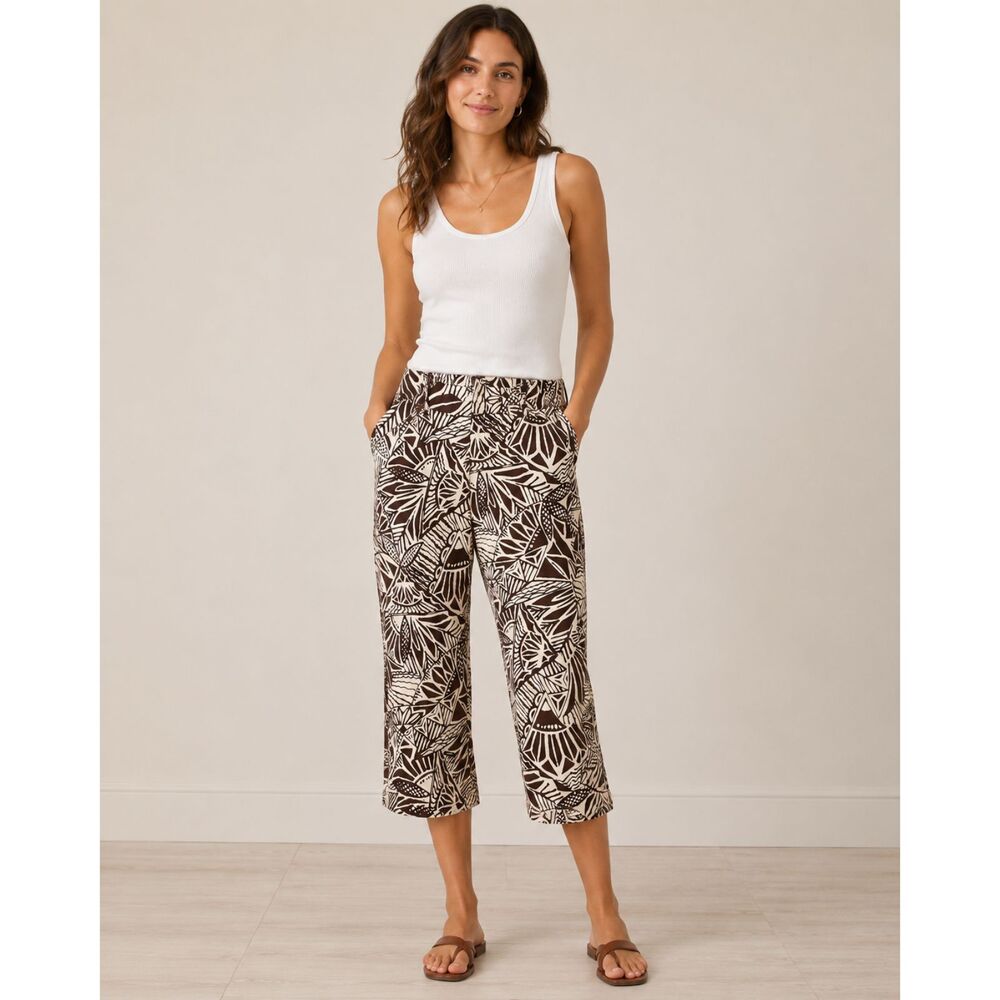 Willi Smith Cropped Pants Brown Cream Abstract Print Cotton Stretch Capri Size 4